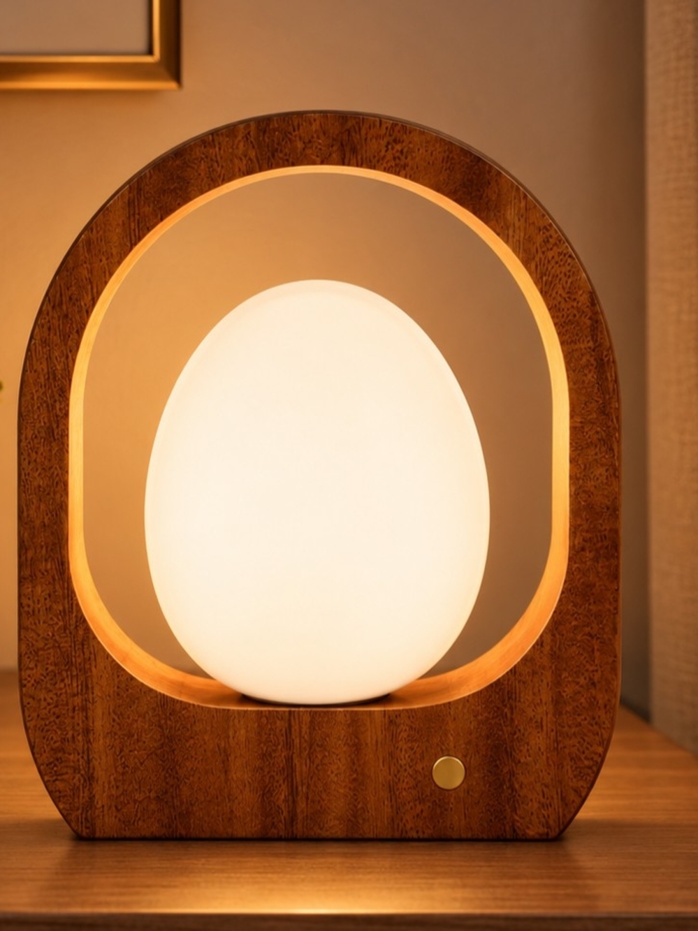 Modern Wooden Arch Table Lamp with White Egg-Shaped Shade